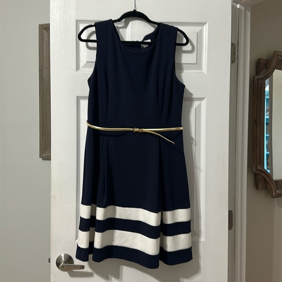 Calvin Klein Dresses & Skirts - Calvin Klein Navy Dress with white stripes and gold belt